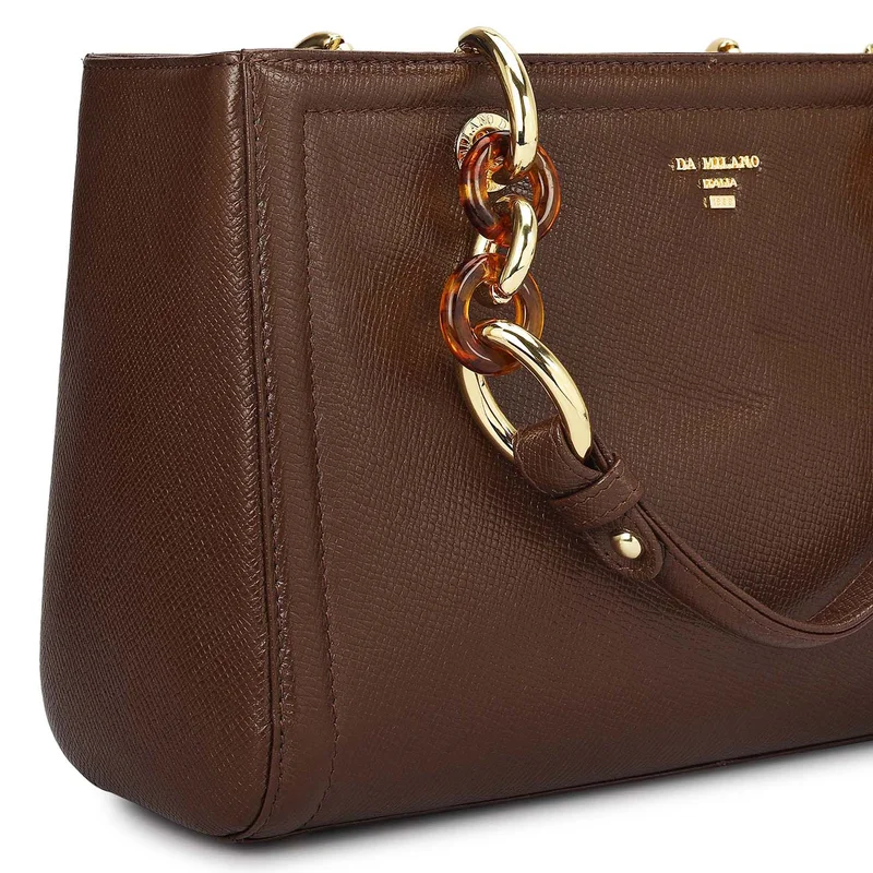 Da Milano Walnut Small Franzy Leather Satchel - Walnut for Women | Best Price UAE